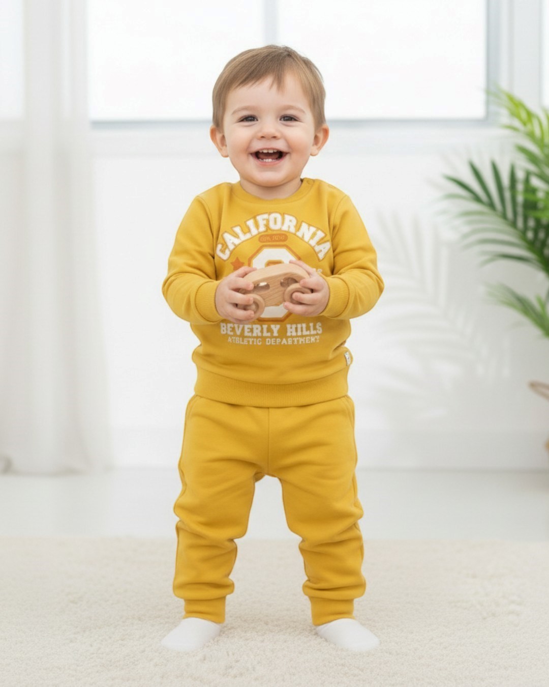 Erkek Bebek California Baskılı, Mevsimlik İnce Yumuşacık Günlük 3-6-9-12-18-24 Ay Takım R1146 - SARI