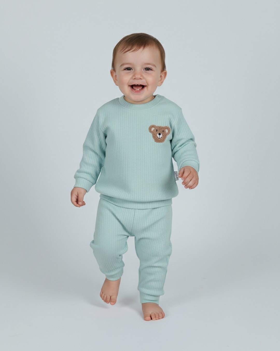 Erkek Bebek Ayııcık Nakışlı Fitilli Mevsimlik 6-9-12-18 Aylık Günlük Bebek Takımı R1031 - SU YEŞİLİ