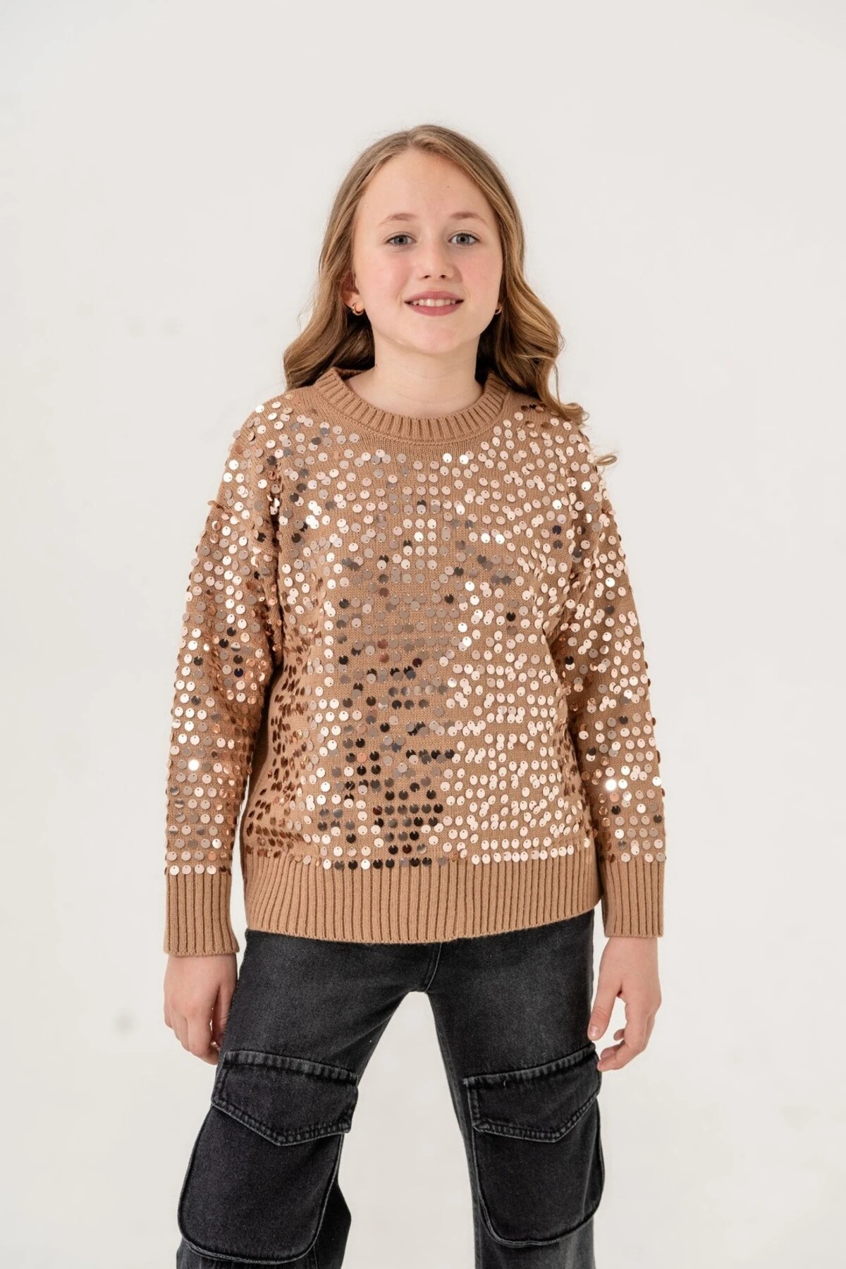 Kız Çocuk 9-15 Yaş Pullu Akrilik Kazak, Pullu Triko Çocuk Kazağı l 9-10-11-12-13-14-15 Yaş Kız Kazak