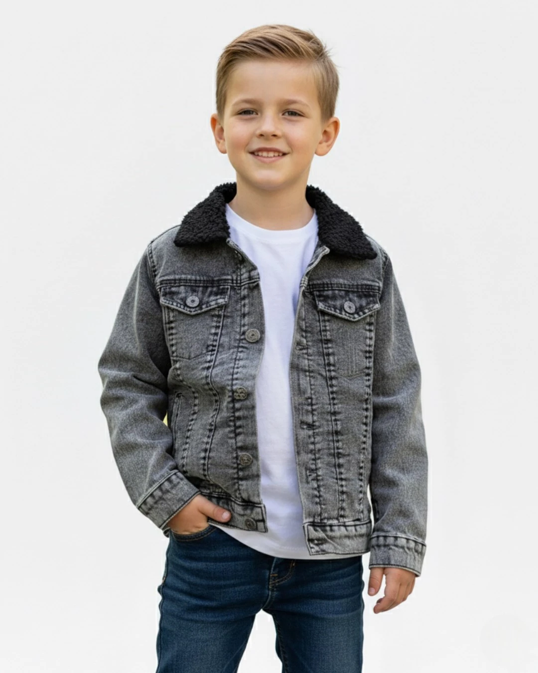 Erkek Çocuk İçi Welsoftlu Kışlık Kot Ceket / 2-17 Yaş Arası Beden Seçenekleri R2250 - GRİ