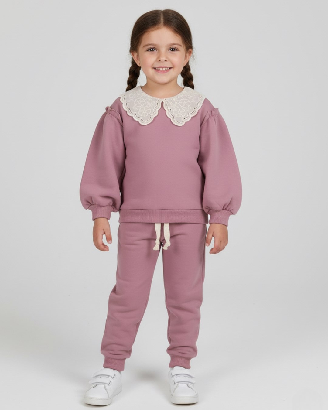 Kız Çocuk Basic Mevsimlik Brode Dantel Yakalı, %100 Pamuklu Kolu Fırfırlı, Şık Eşofman Takımı  R556 - GÜL KURUSU