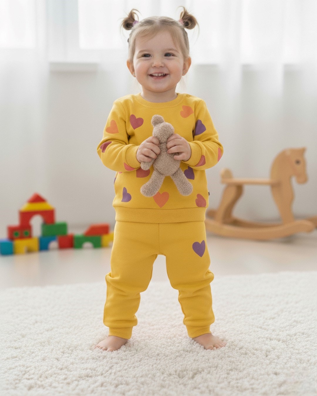 Kız Bebek Mevsimlik Kalp Baskılı Bebek Takımı, Uzun Kollu , Bisiklet Yaka Mevsimlik 6-24 Ay R963 - SARI