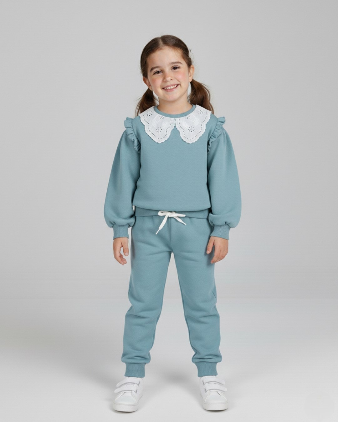 Kız Çocuk Basic Mevsimlik Brode Dantel Yakalı, %100 Pamuklu Kolu Fırfırlı, Şık Eşofman Takımı  R556 - TURKUAZ