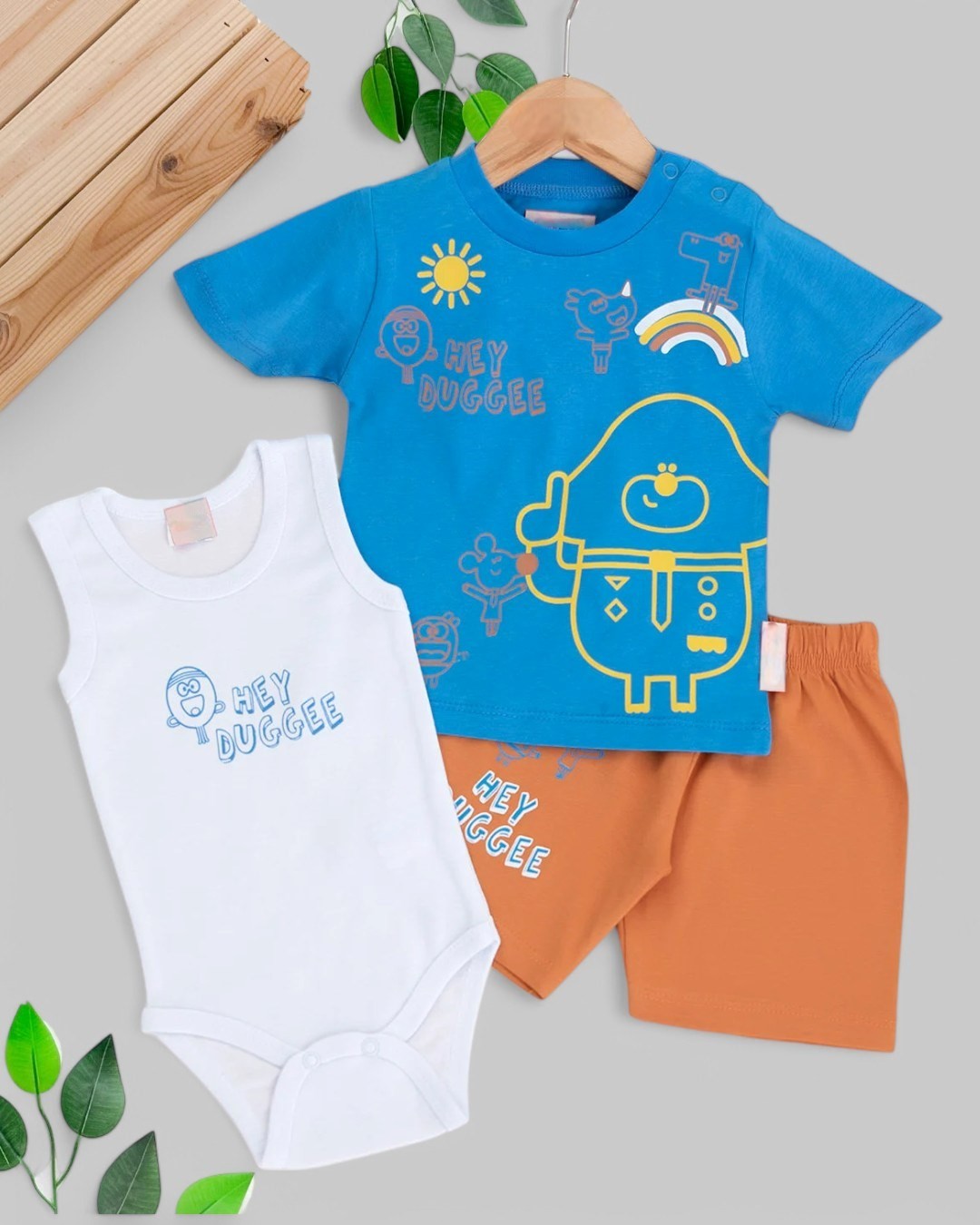 ERKEK BEBEK 3 PARÇA YAZLIK ÇITÇITLI BODYLİ BASKILI İNTERLOK 6-9-12-18-24 AY BEBEK TAKIMI R1689 - SAKS