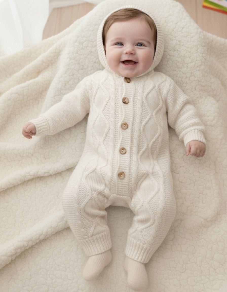 Kapüşonlu Düğmeli Kışlık Triko Tulum, 3-6-9-12 Ay Triko Tulum R2207 - EKRU