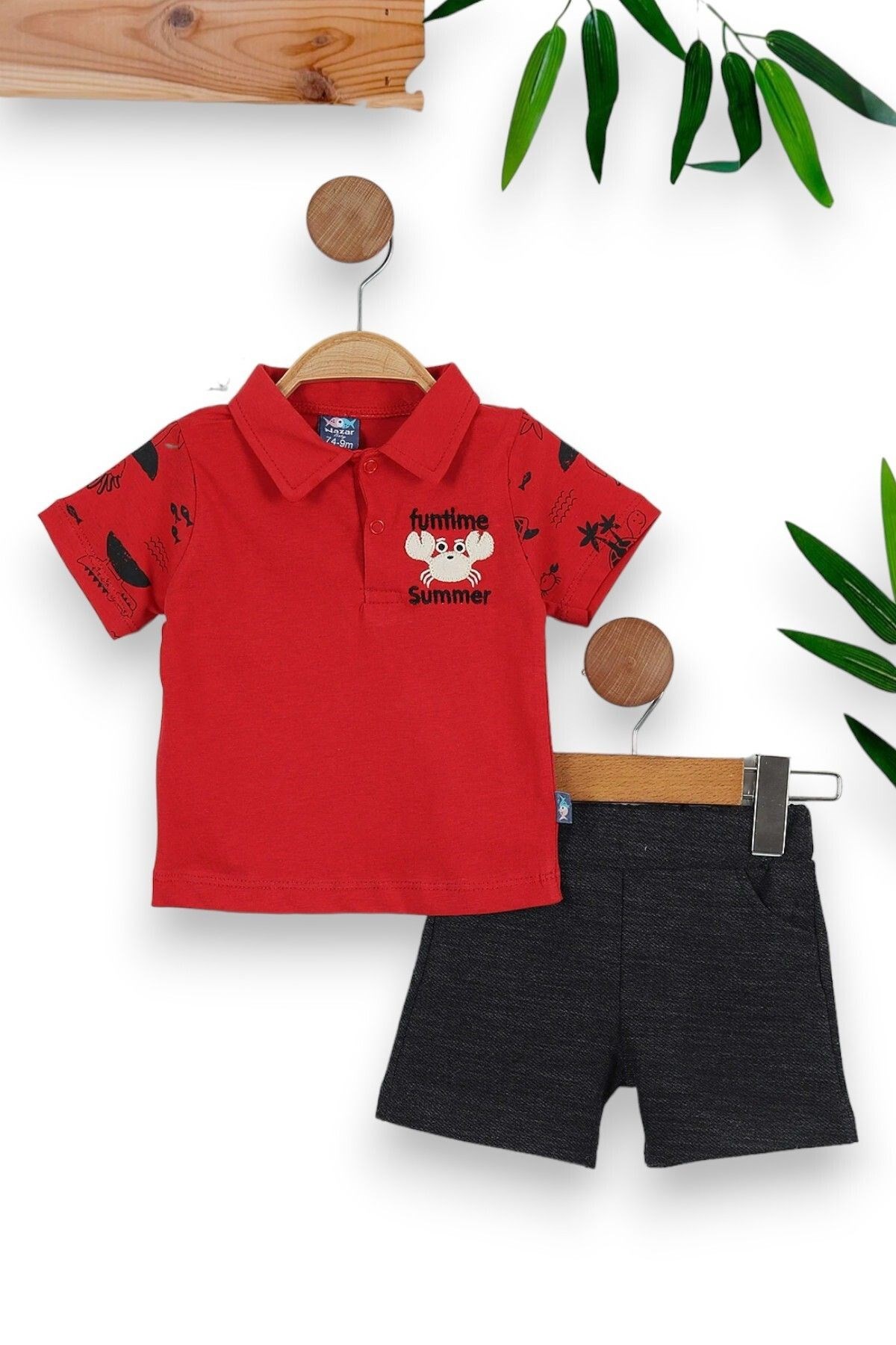 ERKEK BEBEK YAZLIK POLO YAKALI YENGEÇ NAKIŞLI DOKUMA ŞORTLU 6-24 BEBEK TAKIMI R902 - KIRMIZI