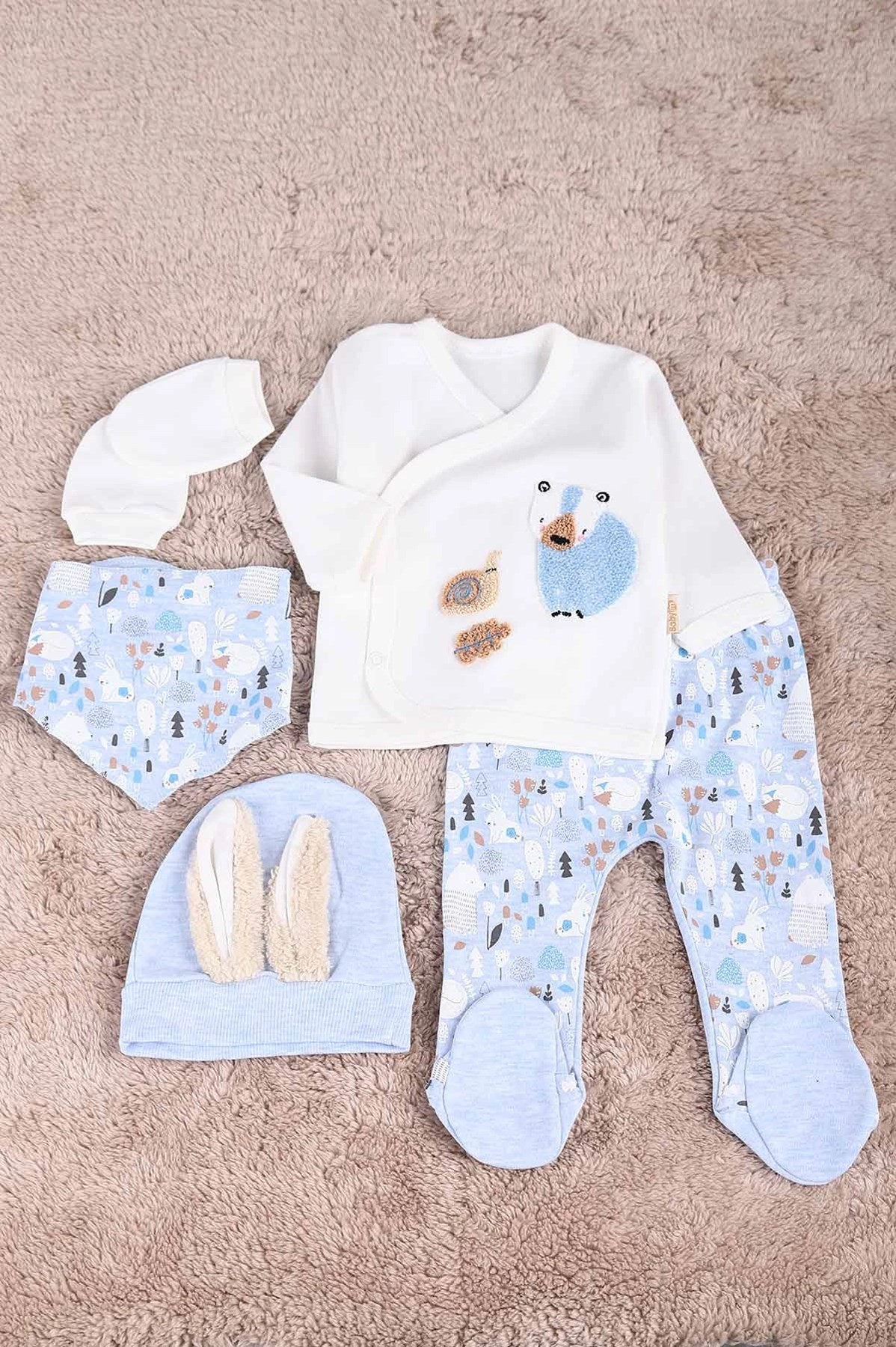 ORGANİK ERKEK KOALA NAKIŞLI  BEBEK MEVSİMLİK 5 PARÇA HASTANE ÇIKIŞI ZIBIN SETİ 0-3 AY KULAKLI BEBEK TAKIMI R1513 - BEBE MAVİSİ