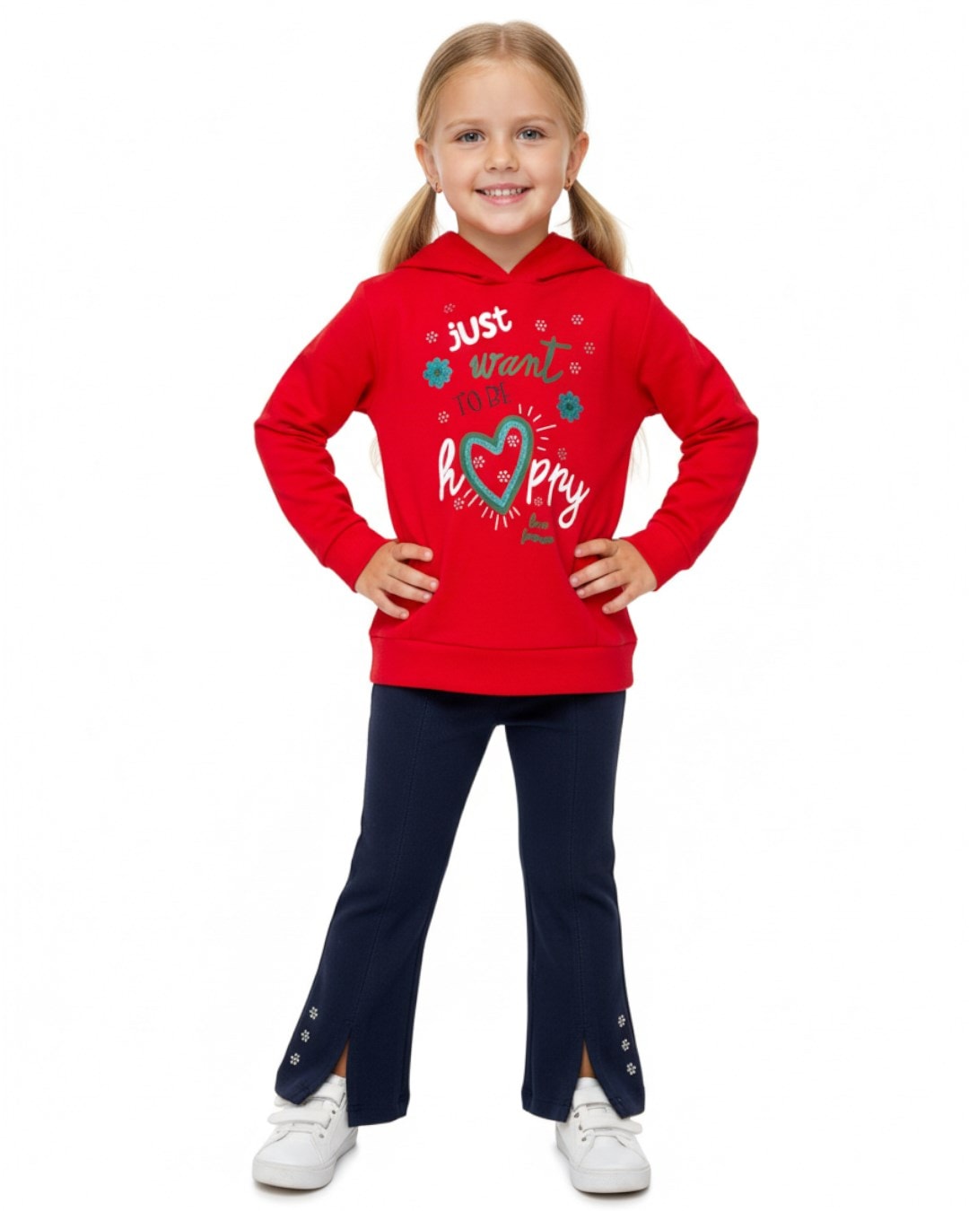 Kız Çocuk İspanyol Paça Taytlı Kapüşonlu Sweatshirtlü Mevsimlik Alt Üst Takım R2325 - KIRMIZI