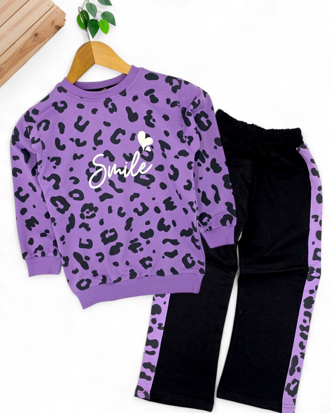 Kız Çocuk Smile Baskılı Sweatshirt, Geniş Paça Eşofman Altlı , 2 İplik 3-10 Yaş Kız Eşofman Takımı R2123 - MOR