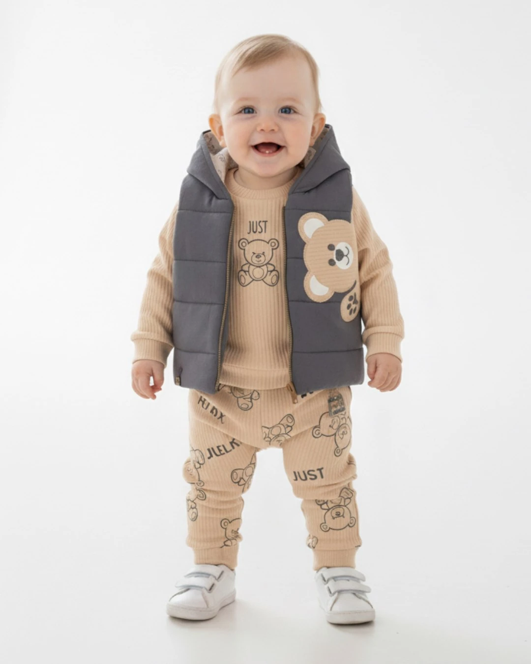 Erkek Bebek Şişme Yelekli 3 Parça Şık Alt Üst Takım / 6-9-12-18 Ay Mevsimlik 3'lü Cool Takım R2305 - ANTRASİT-KREM