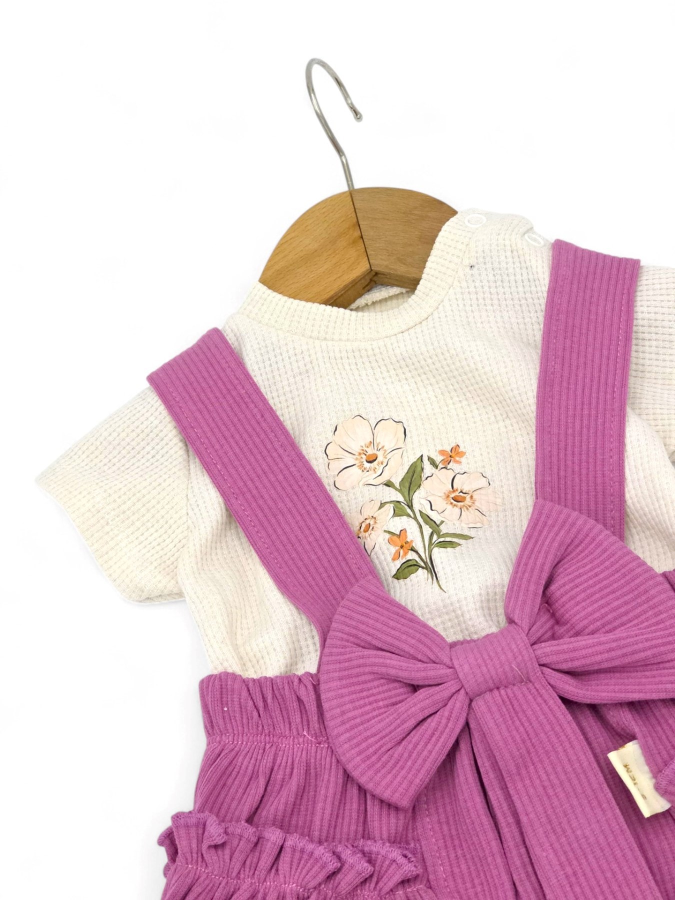 KIZ BEBEK FİTİLLİ YAZLIK FİYONK DETAYLI SALOPET ELBİSE VE İÇ T-SHIRT SETİ 9-24 AY R897