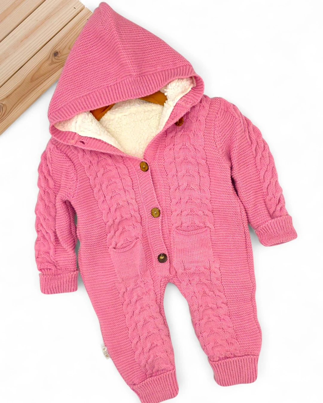 Kışlık Triko Bebek Tulumu, İçi Welsoftlu Düğmeli, Kapüşonlu 3-6-9-12 Aylık Kalın Peluş Tulum R2200