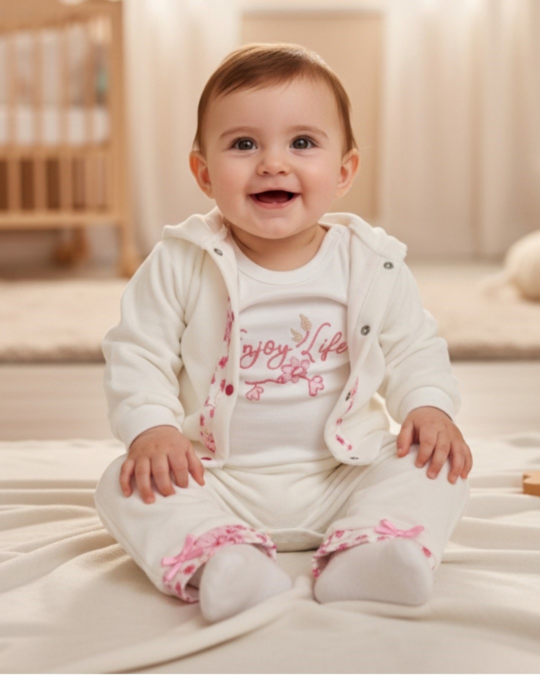 Pembe Çiçek Detaylı 3 Parça Kadife Bebek Takımı | 0-9 Ay Kız Bebek Kadife  Hırka Ve Pantolonlu Seti R2211
