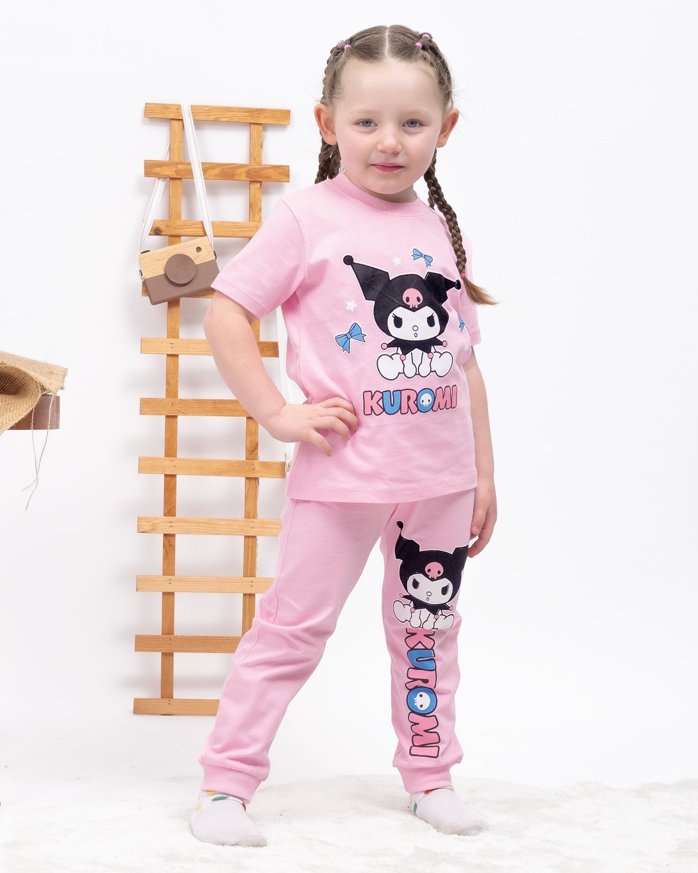 KIZ ÇOCUK YAZLIK KUROMİ BASKILI YAZLIK KISA KOLLU %100 PAMUK GECELİK PİJAMA TAKIMI R1905 - PEMBE