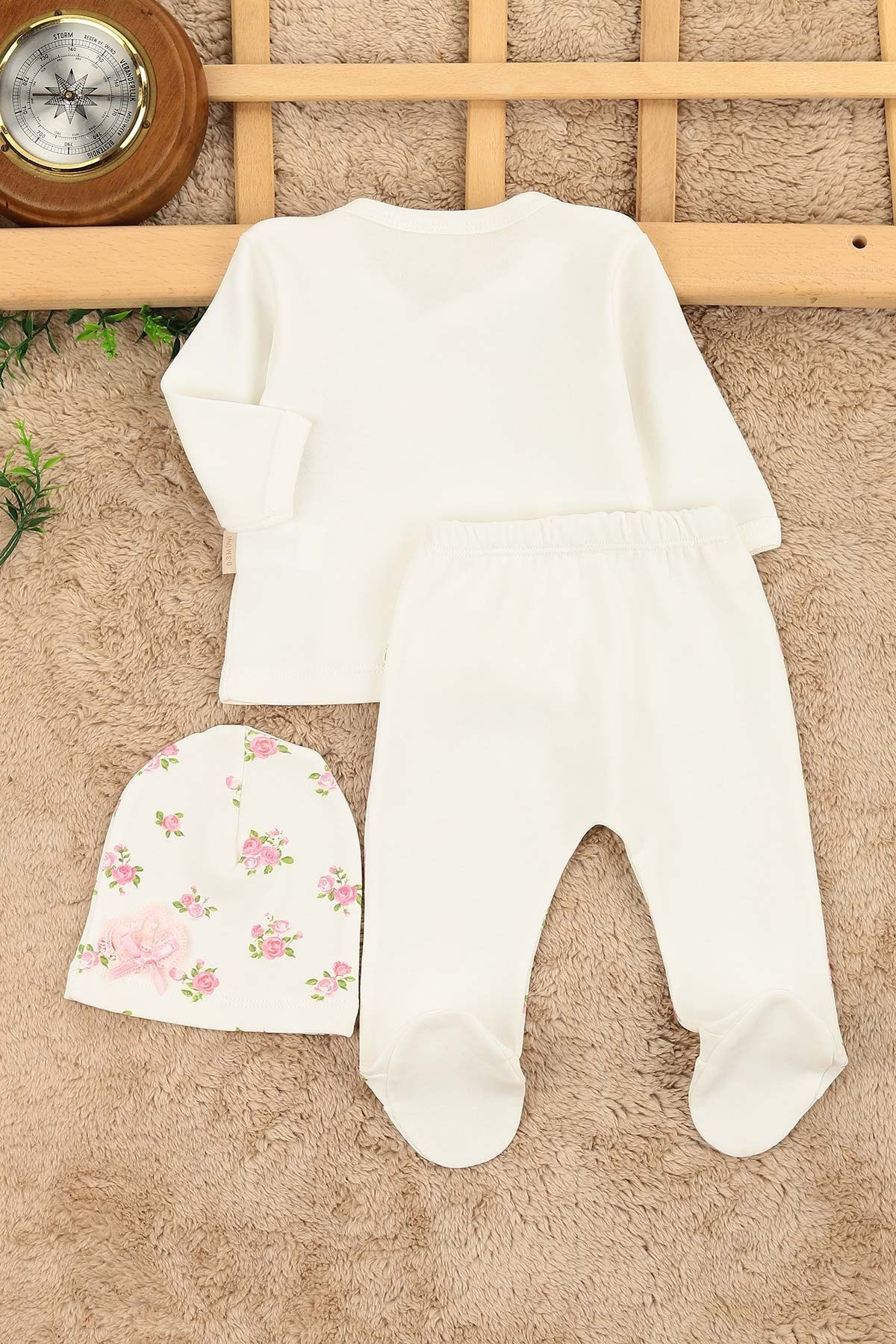 Kız Bebek Kaneviçe Gül Detaylı Fiyonklu 3 Parça Hastane Çıkışı / Zıbın Seti / Bebek Takım YeniDoğan R429