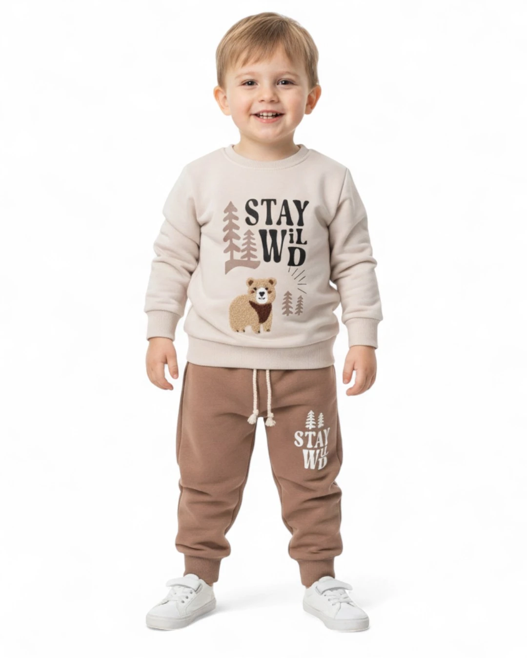 Erkek Çocuk Kışlık 3 İp Şardonlu, Ayıcık Nakışlı, 1-2-3-4 Yaş Alt Üst Bebek Eşofman Takımı R2342 - KAHVE