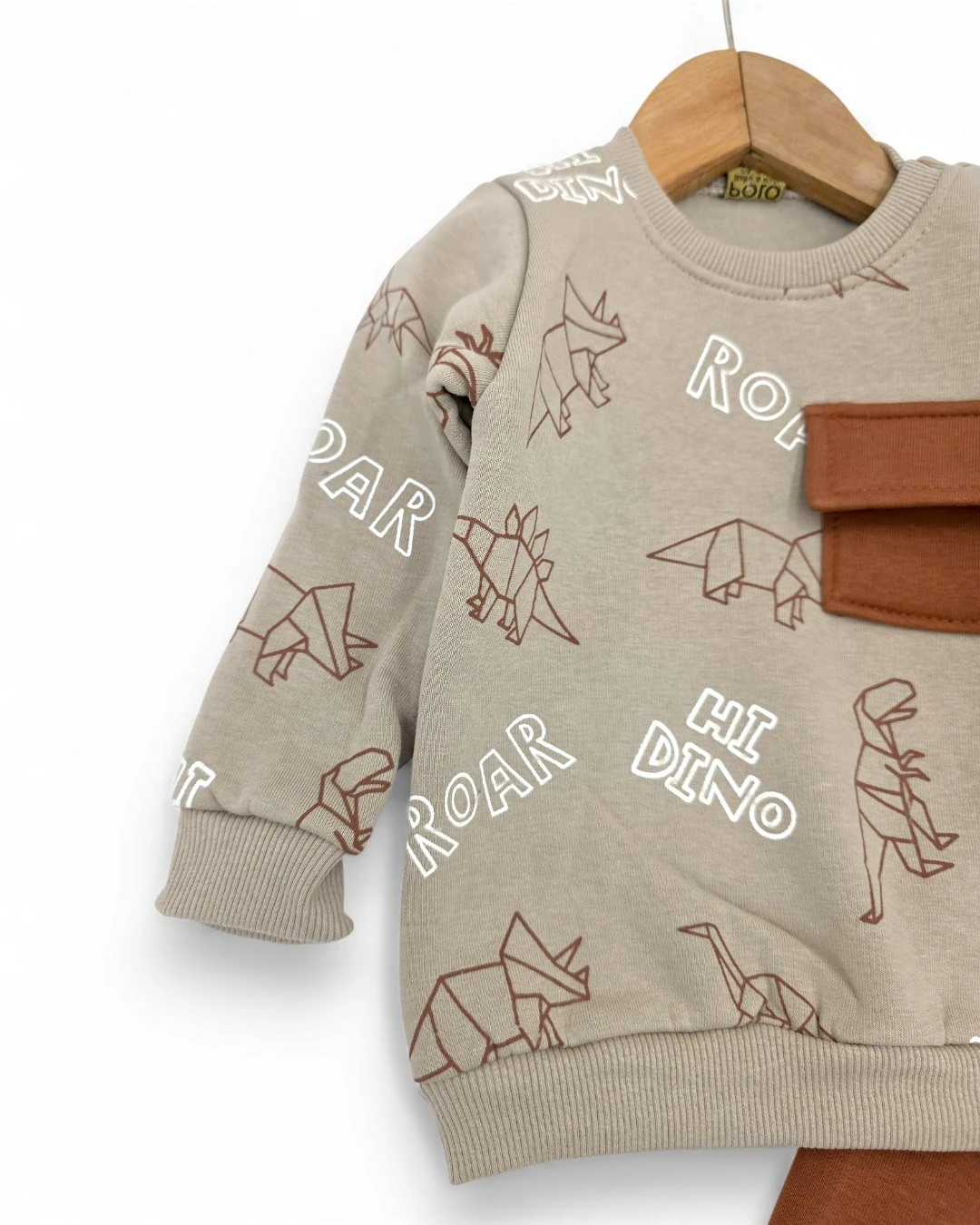 Erkek Bebek Kışlık 3 İp Şardonlu Dinozor Baskılı 6-9-12-18-24 Ay Alt Üst Eşofman Takımı R2387