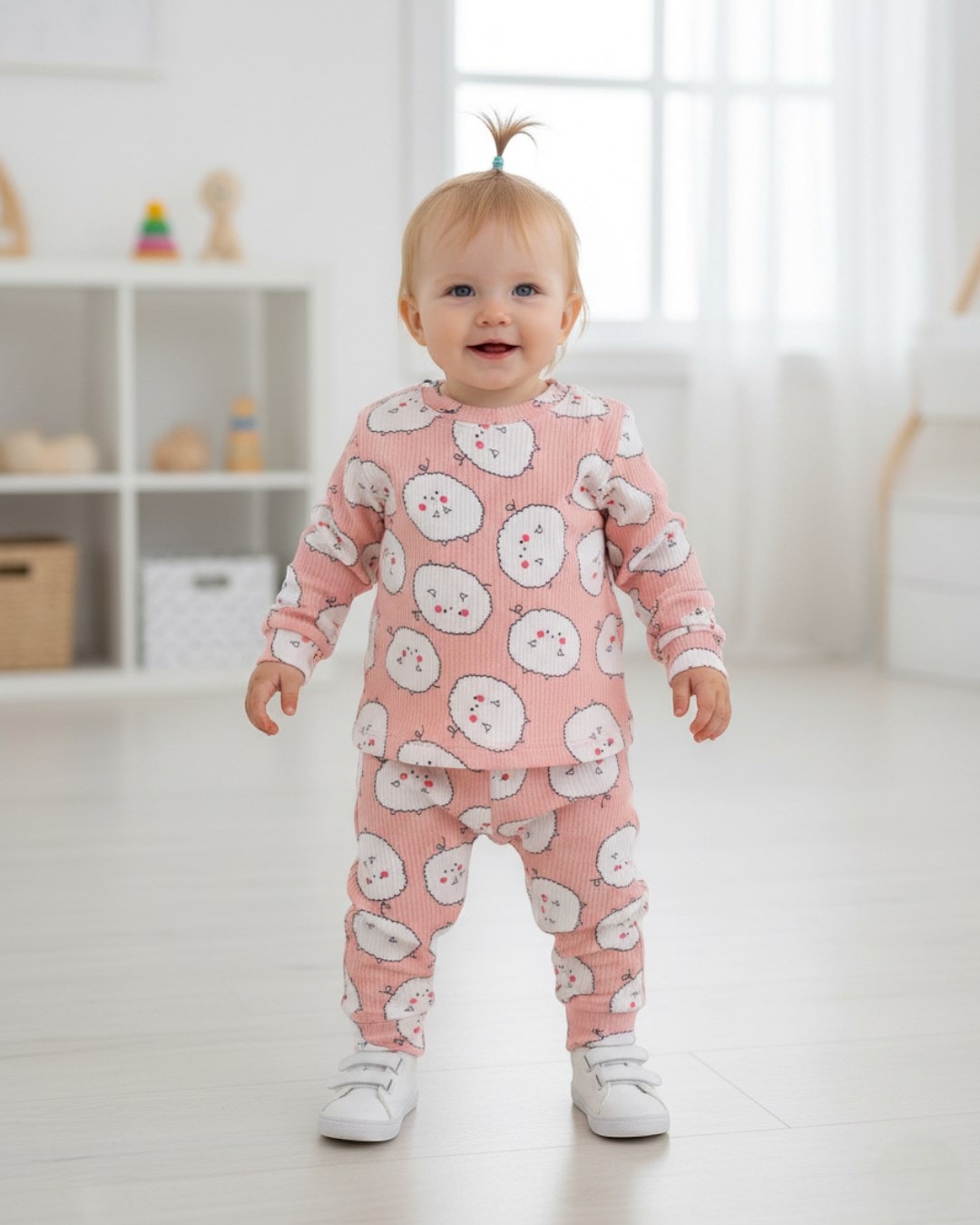 Kız Bebek Ayıcık Baskılı İnce Mevsimlik Gecelik Pijama Takımı, Esnek İnce Kumaş R2037