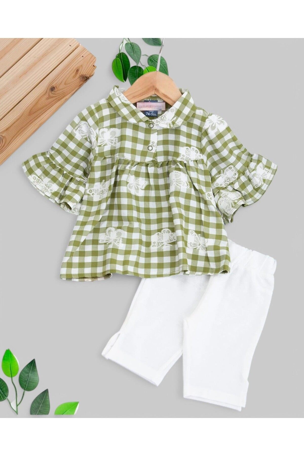 KIZ BEBEK YAZLIK KARELİ BLUZLU KELEBEK NAKIŞLI MÜSLİN TAYTLI 6-9-12-18-24 AY ŞIK BAYRAMLIK TAKIM R1683 - YEŞİL