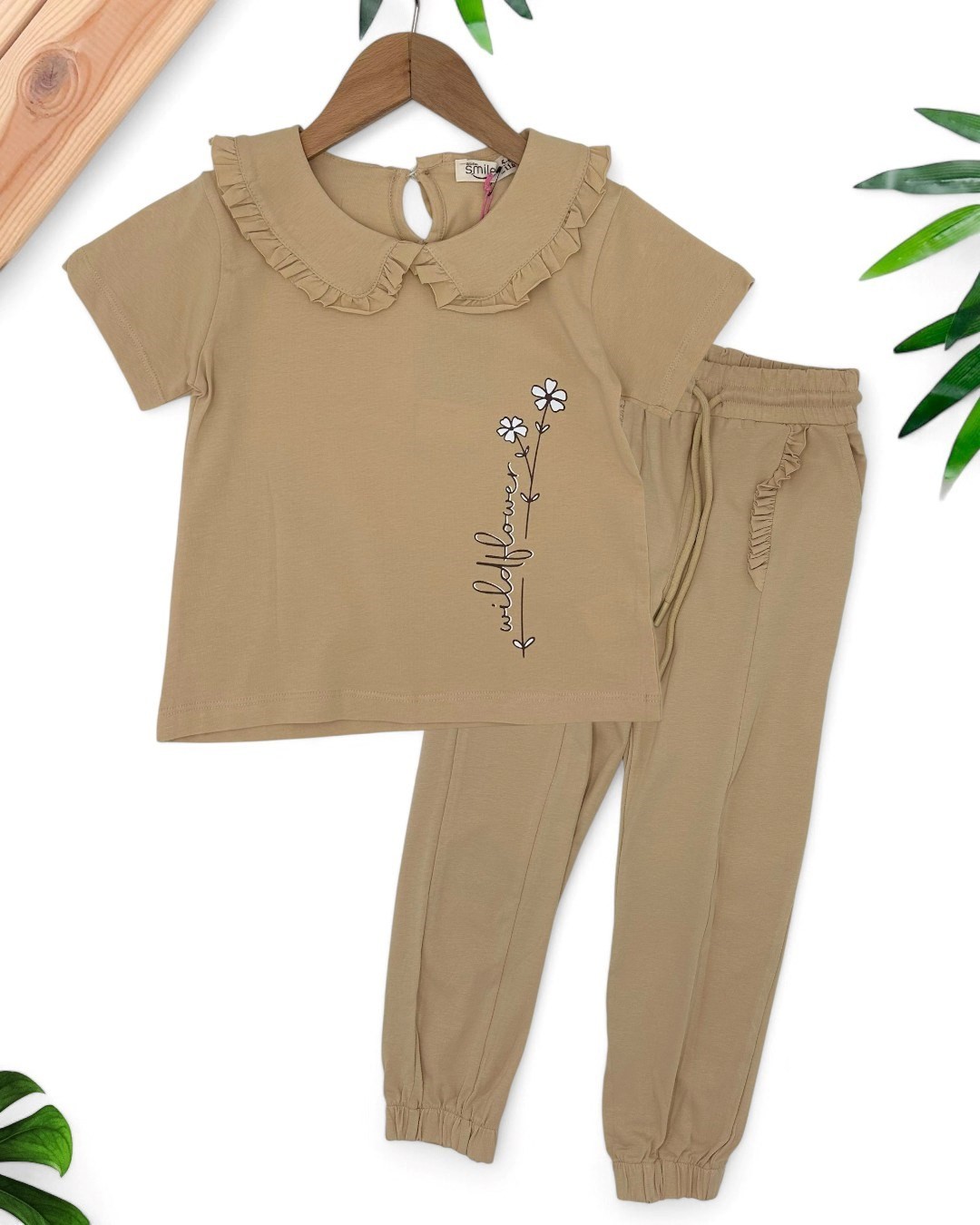 KIZ ÇOCUK YAZLIK 5-6-7-8-9 YAŞ ÇİMALI PANTALONLU ALT ÜST TAKIM R1788 - BEJ