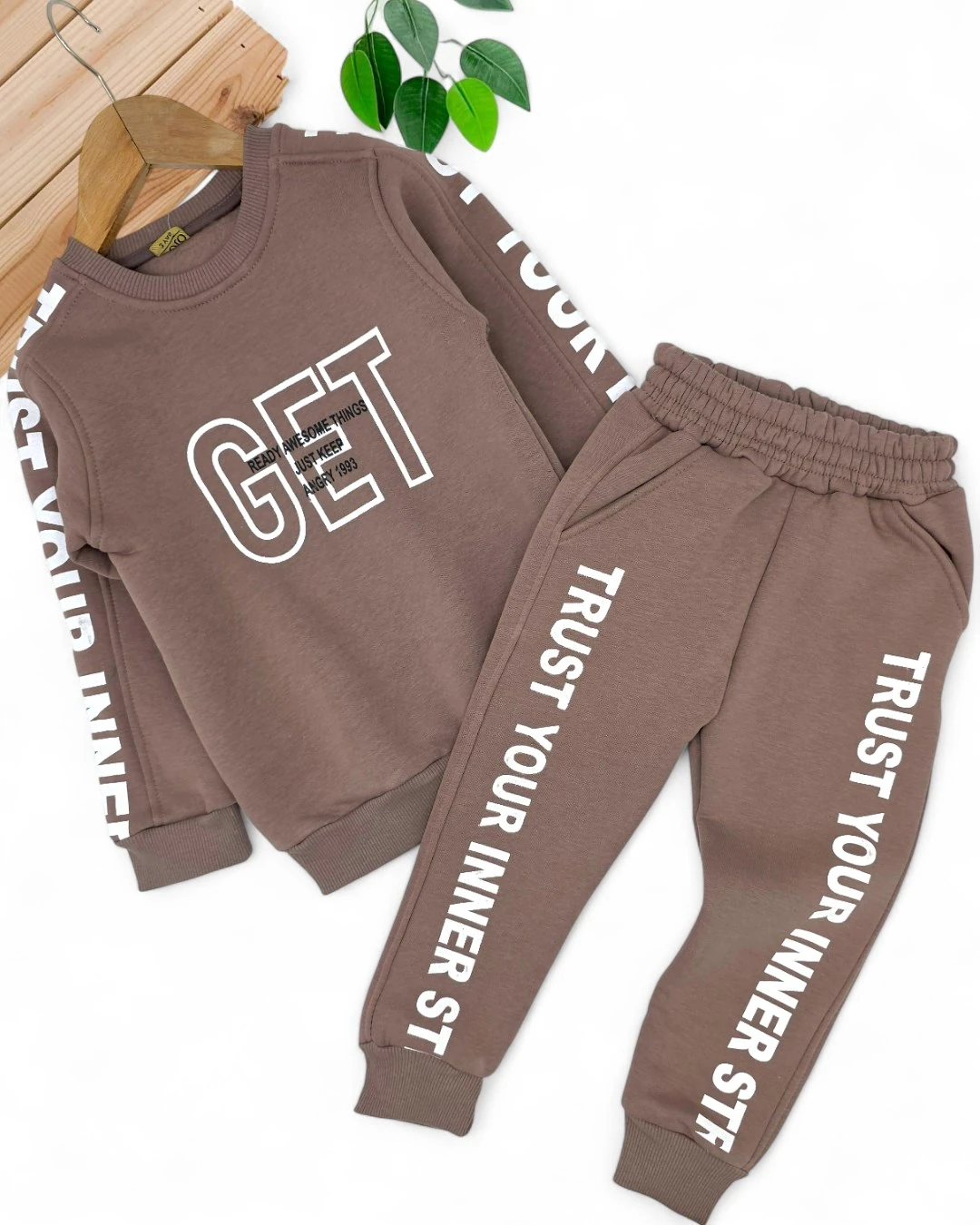 Erkek Çocuk Kışlık 3 İp Şardonlu Get Baskılı Bisiklet Yakalı Eşofman Takımı, Sweatshirt Ve Pantalon  R2273