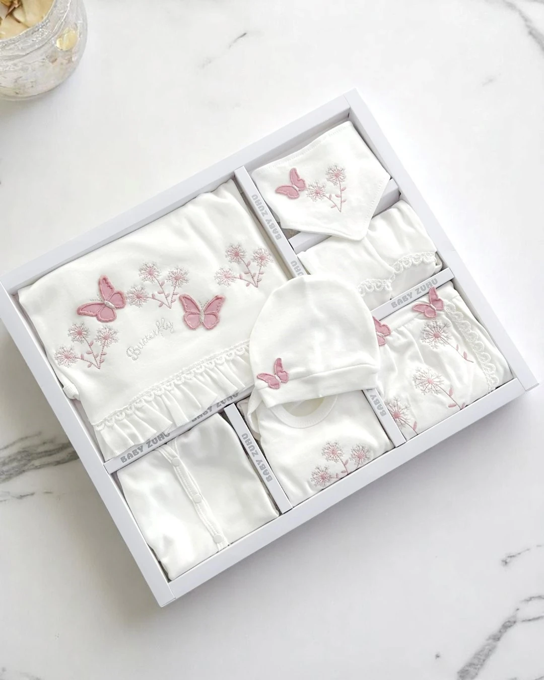 Kız Bebek Kelebek Ve Çiçek Nakışlı 1 1parça Soft Hastane Çıkışı Zıbın Seti  R1799 - GÜL KURUSU