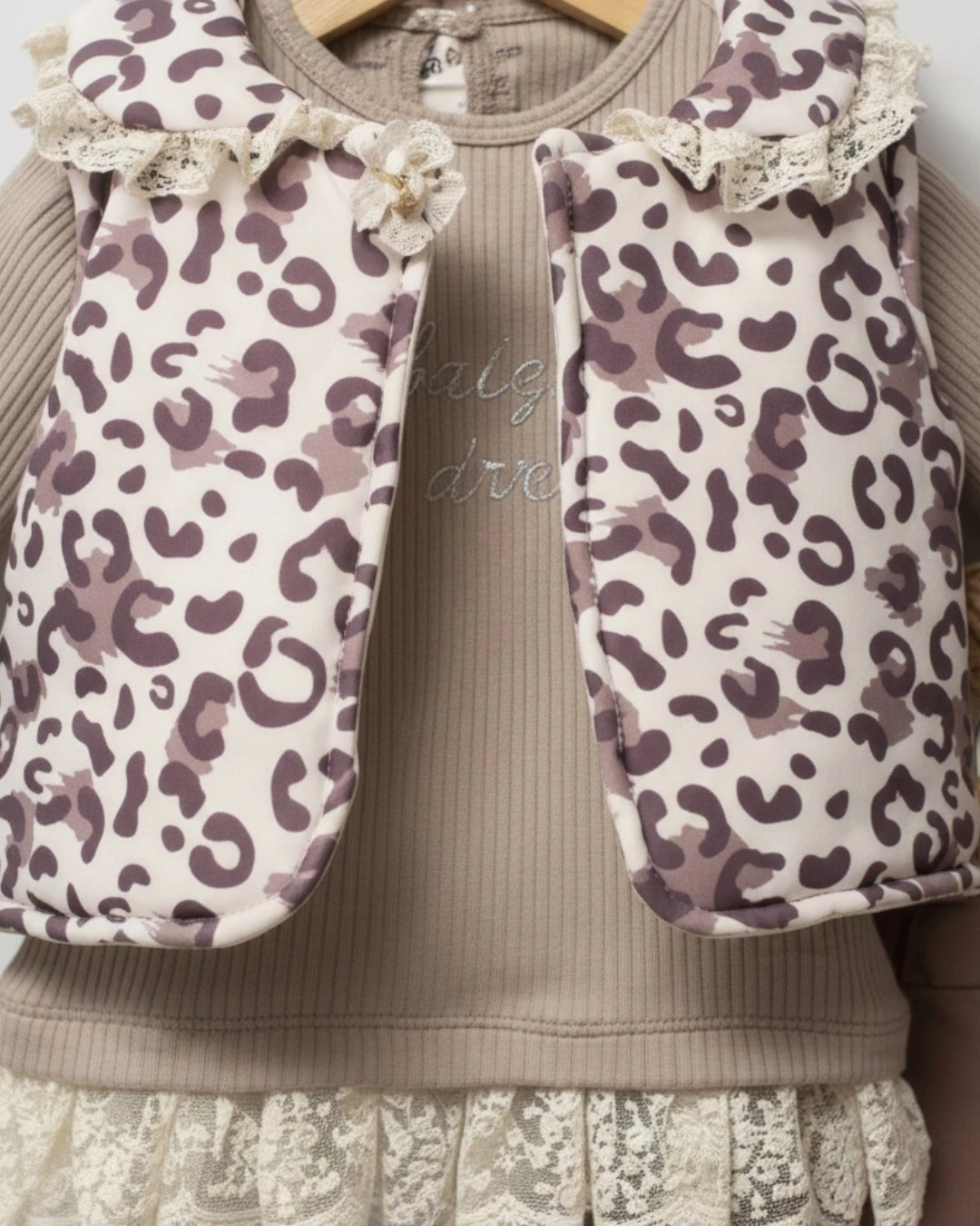 Kız Bebek Leopar Desenli Şişme Yelekli, 2-3-4 Yaş Taytlı Mevsimlik 3'lü Şık Kombin l Takım R2373