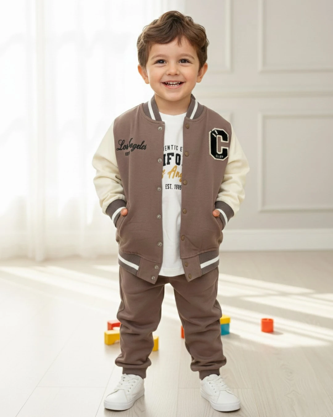 Erkek Çocuk Mevsimlik C Nakışlı Kolej Ceketli, Pantalonlu Sweatshirtlü 3'lü Şık Alt Üst Takım R2384 - KAHVERENGİ