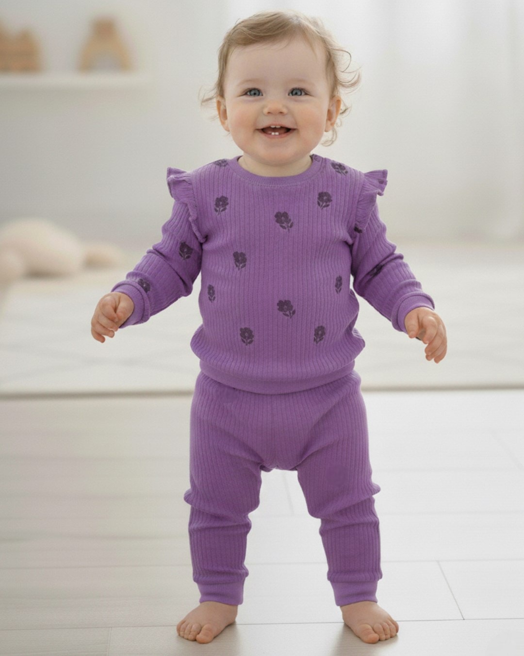 Kız Bebek Gövdesi Çiçek Baskılı, Fitilli Kumaş, Mevsimlik 6-9-12-18-24 Ay Günlük 2'li Alt Üst Takım R2132 - MOR