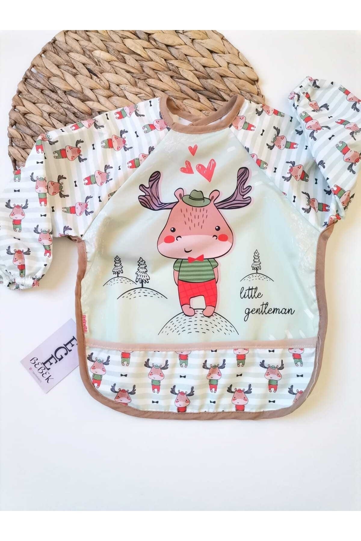 Geyik Baskılı Unisex Bebek Uzun Kollu Sıvı Geçirmez Mama Önlüğü MM4