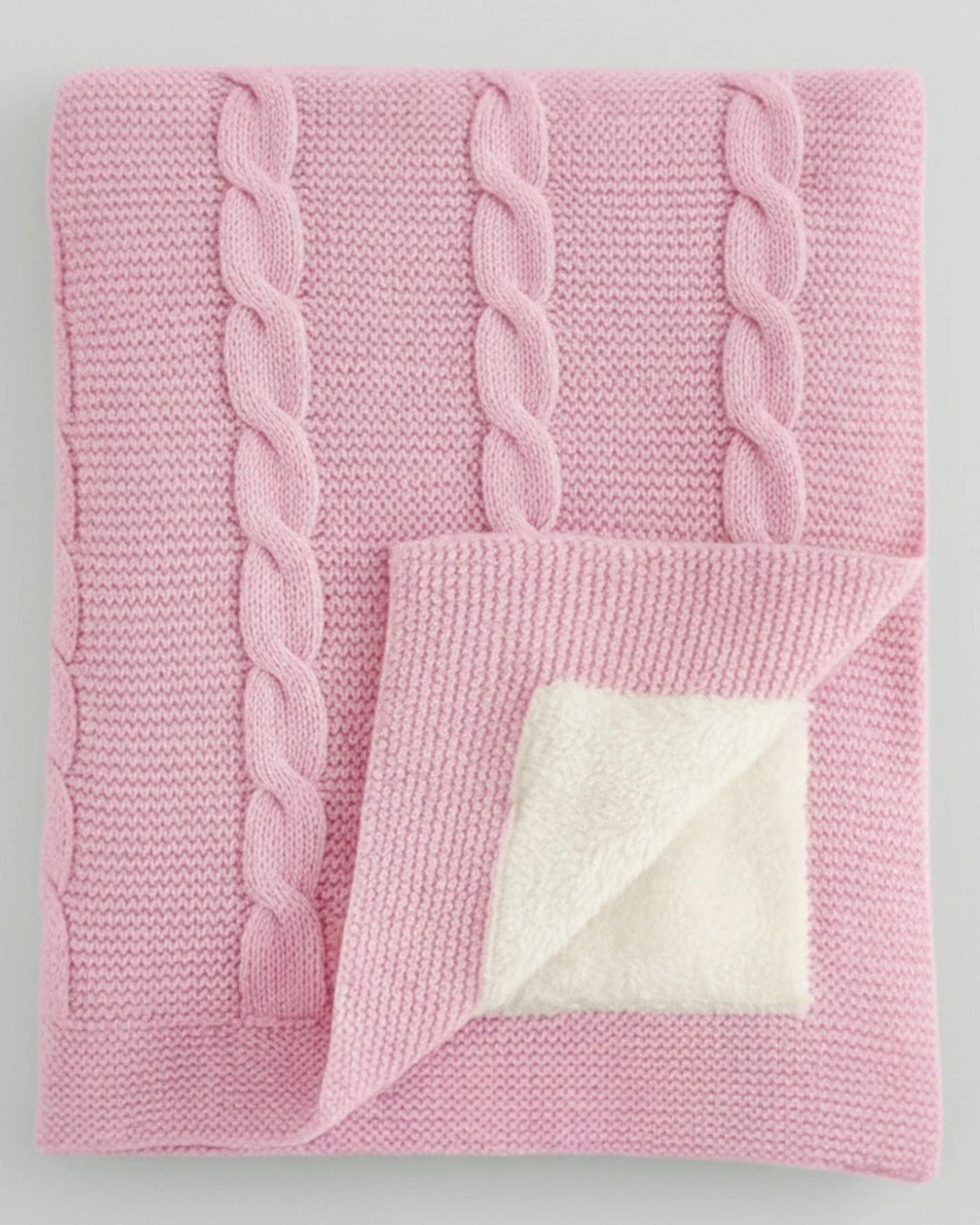 İçi Peluş Polar Dışı Triko Örgü Bebek Battaniyesi Kalın,Yumuşak,Saç Örgü Desenli 90x90 cm R2354 - PEMBE