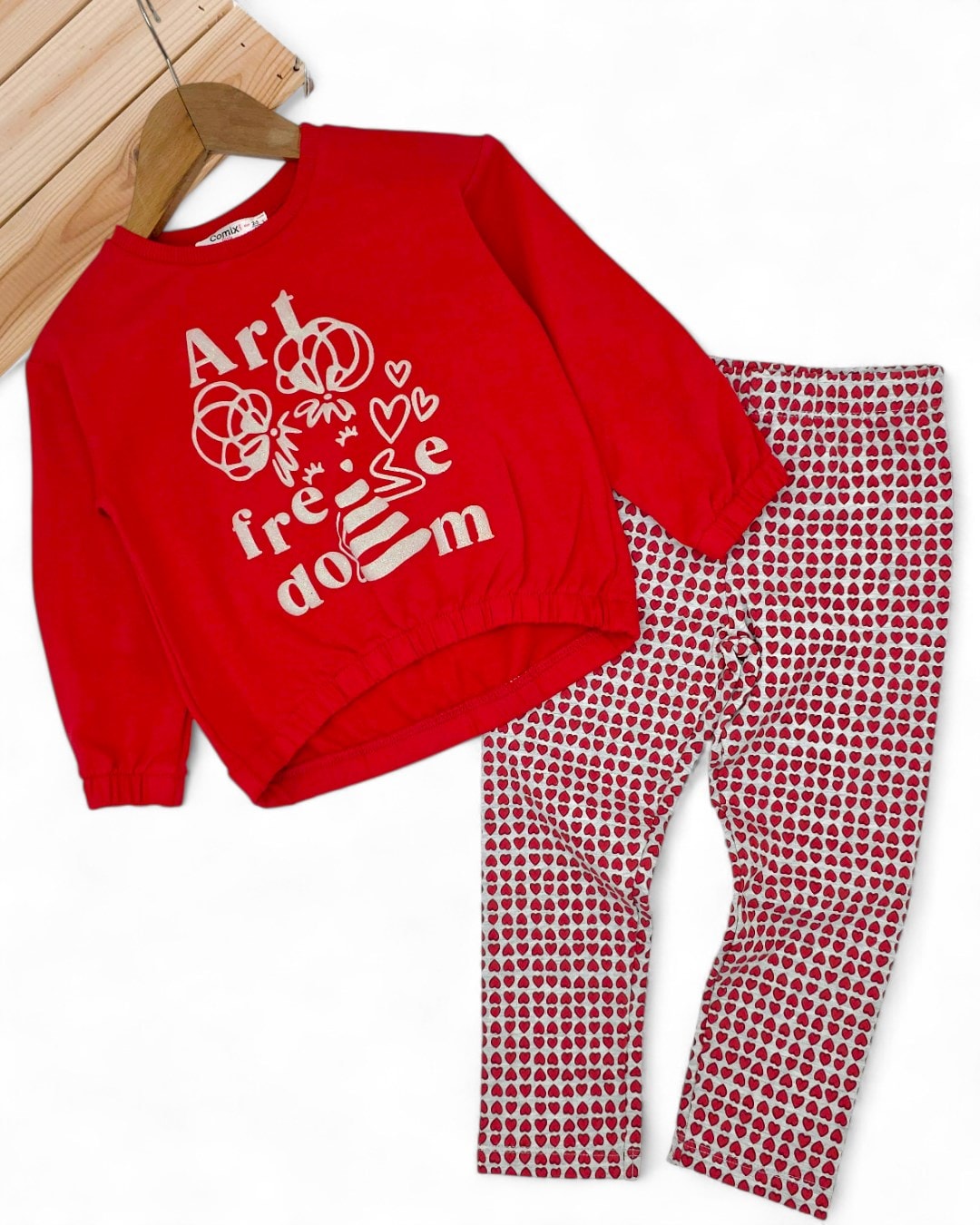 Kız Çocuk Kalp Baskılı Taytlı, Mevsimlik, 2-10 Yaş Sweatshirtlü Alt Üst Taytlı Takım R2318 