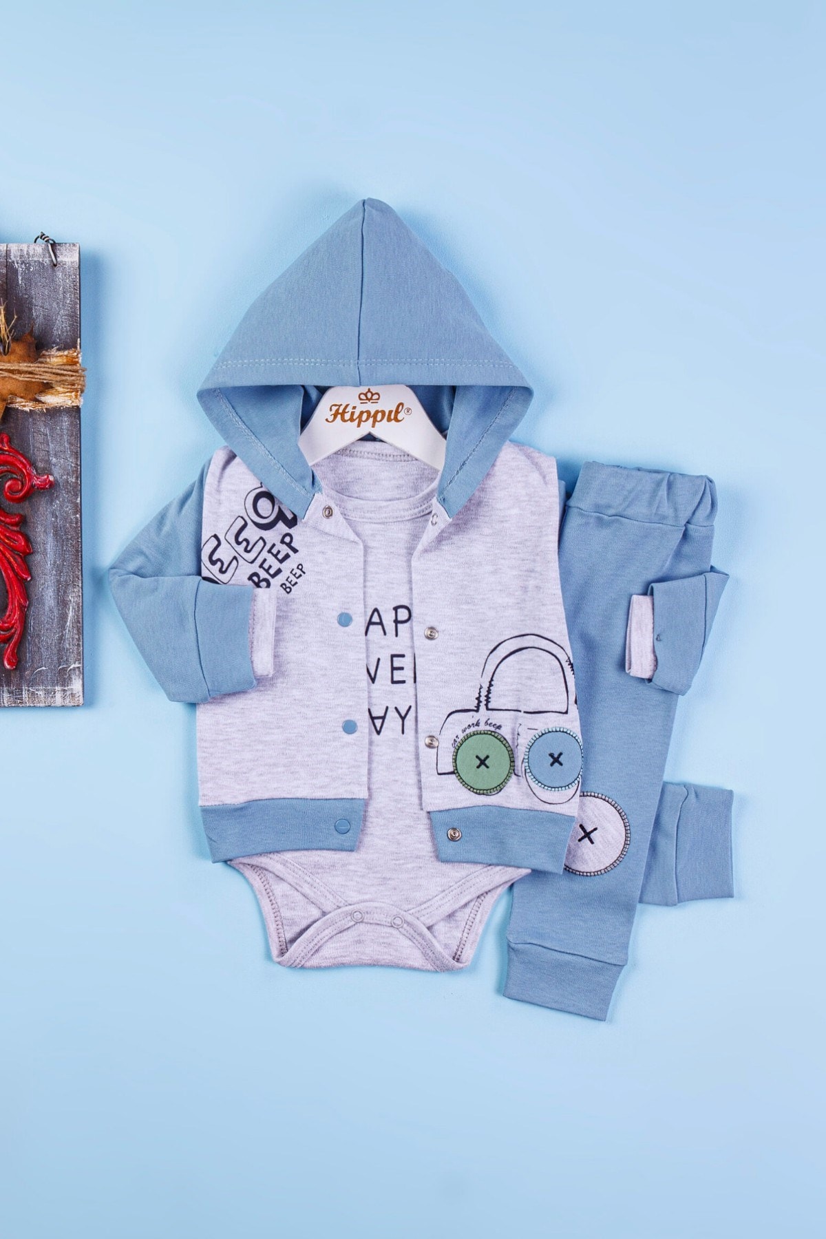 Erkek Bebek Mevsimlik Araba Nakışlı 3'lü Zıbınlı Yeni Doğan 3-6-9 Ay Bebek Takımı R1203