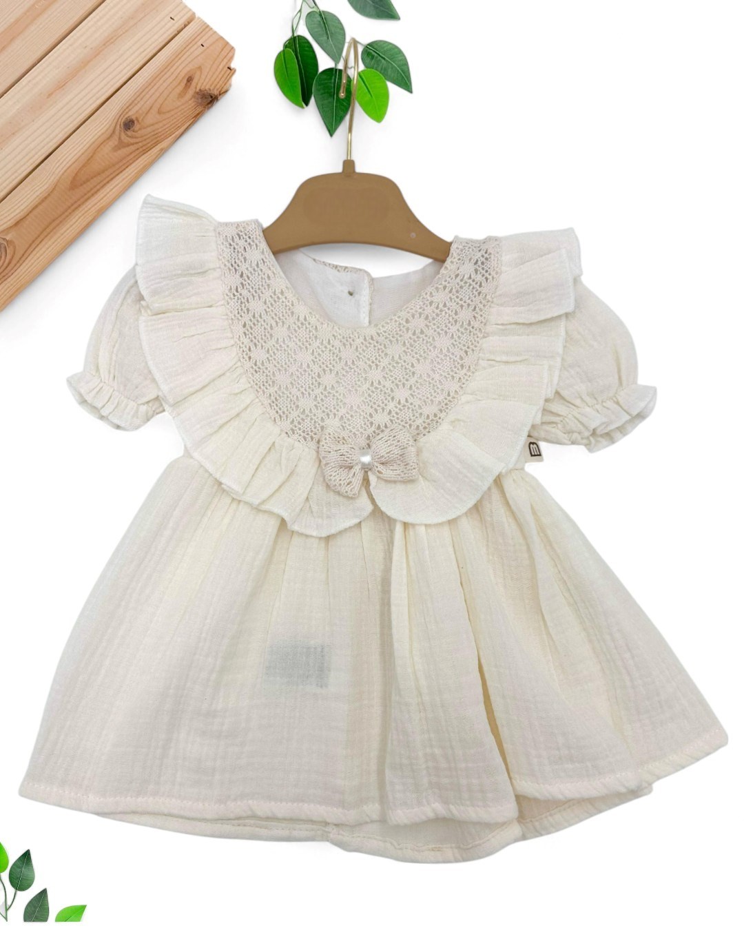 KIZ BEBEK DAR KALIP 6-9-12-18-24 AY YAKA DETAYLI YAZLIK MÜSLİN ELBİSE R1825 - KREM