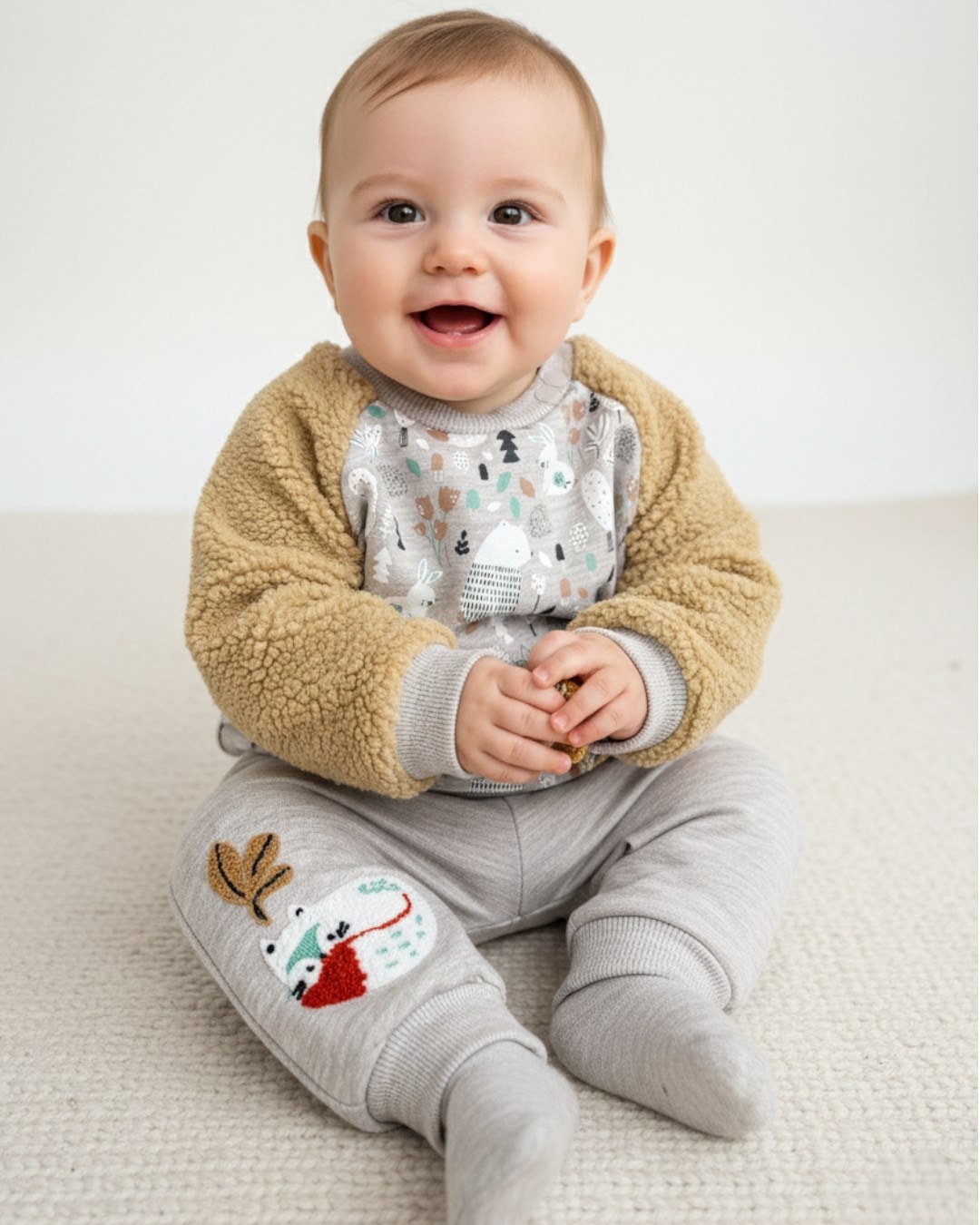 Erkek Bebek Şardonlu Welsoft Kol Detaylı Kışlık 2'li Baskılı Takım 0-3-6-9 Ay R1213 - GRİ