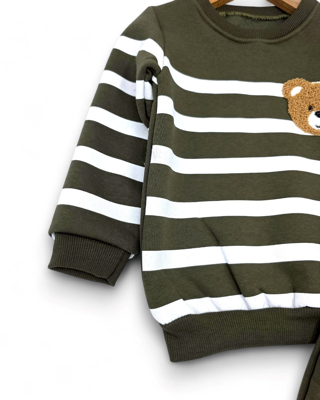 Erkek Bebek Çizgili 1-2-3 Yaş, Ayıcık Nakışlı Kışlık 3 İp Şardonlu Alt Üst Eşofman Takımı R2335