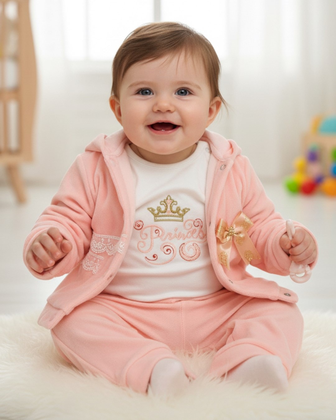 3-12 Ay Kız  Bebek Kışlık Kadife 3'lü Takım - Kapüşonlu Hırka, Çıtçıtlı Body ve Pantolonlu  R2212 - SOMON