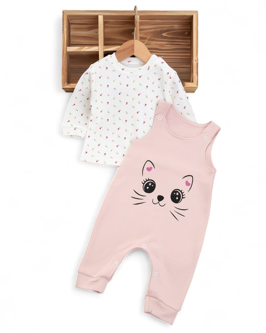 Kız Bebek Fitilli Kedi Baskılı Bahçıvan Salopet Tulum Yenidoğan 3-6-9 Ay Mevsimlik Uzun Kollu Tulum R337 - GÜL KURUSU