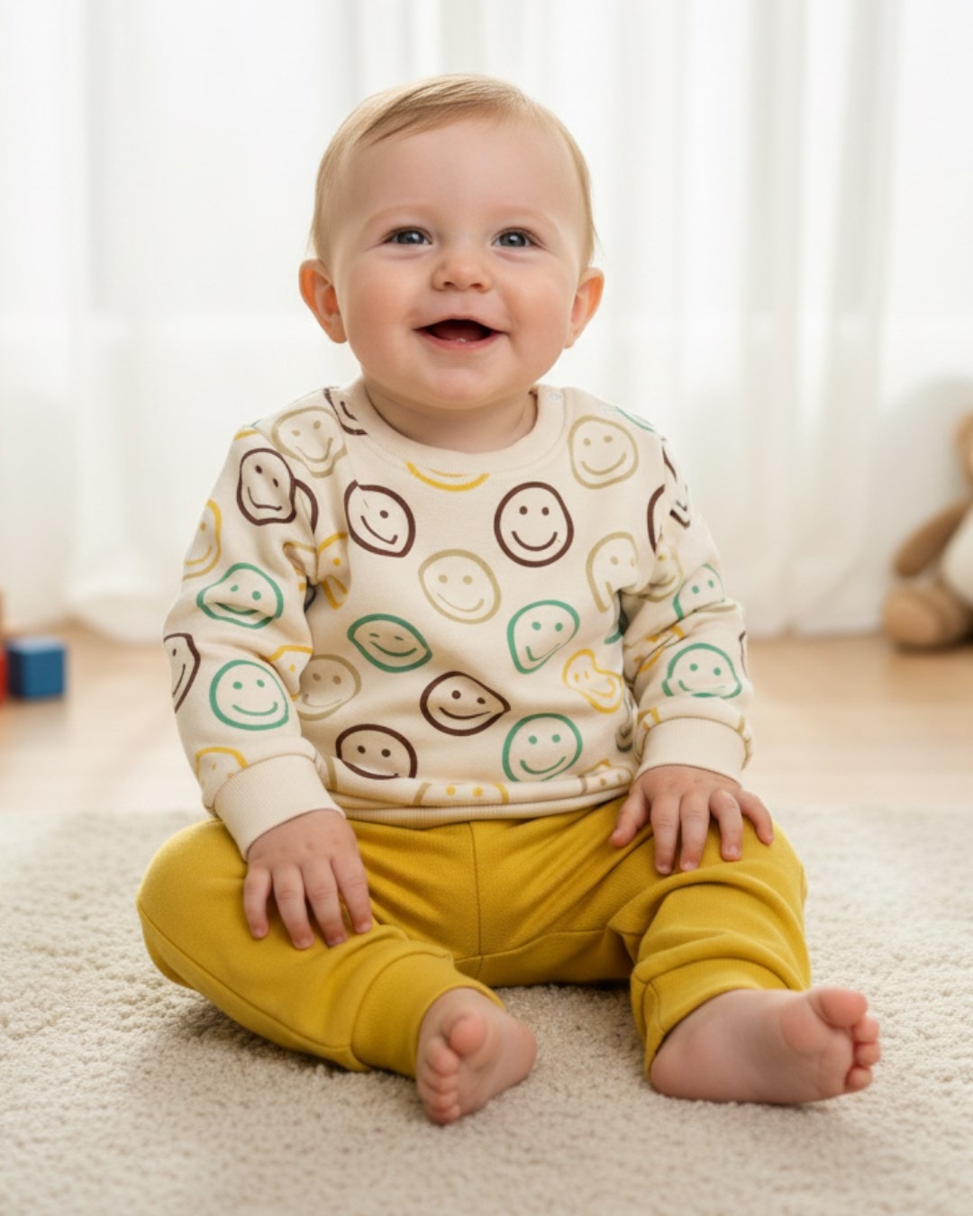 Erkek Bebek Smile Gülücük Baskılı Yeni Doğan 3-6-9-12 Aylık 2 İplik Mevsimlik Alt Üst Bebek Takımı R1219 - HARDAL
