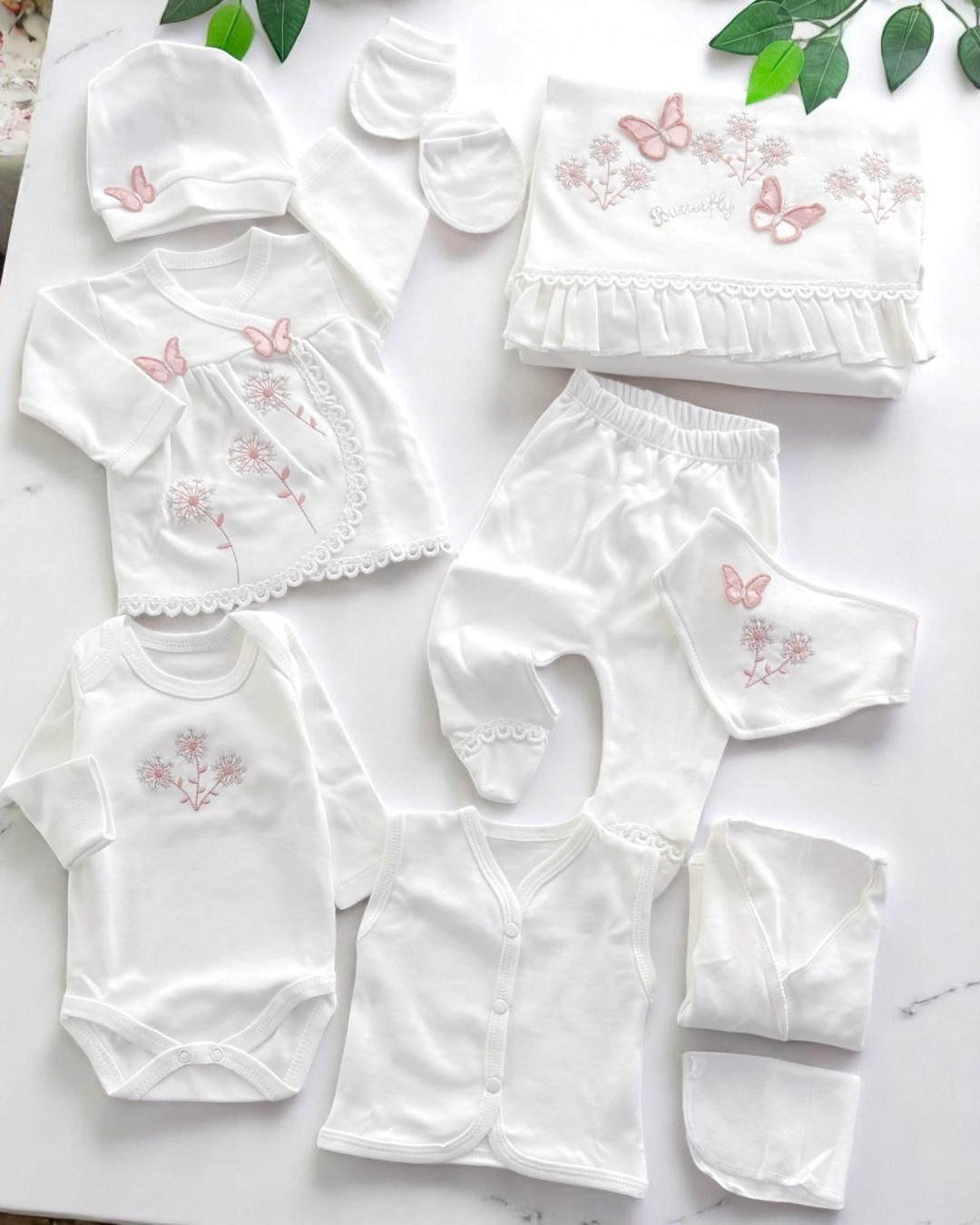 KIZ BEBEK KELEBEK VE ÇİÇEK NAKIŞLI 1 1PARÇA SOFT HASTANE ÇIKIŞI ZIBIN SETİ  R1799 - SOMON