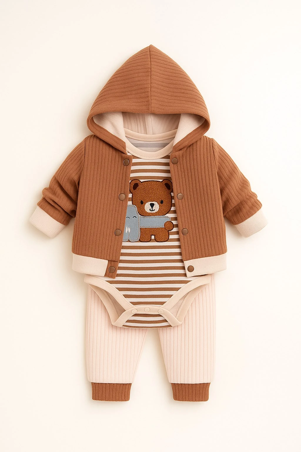 Erkek Bebek Yeni Doğan 0-3-6-9 Ay Çizgili Ayıcık Baskılı Kapüşonlu Uzun Kollu Çıtçıtlı Bodyli 3'lü ŞIK Takım R1888 - KAHVE