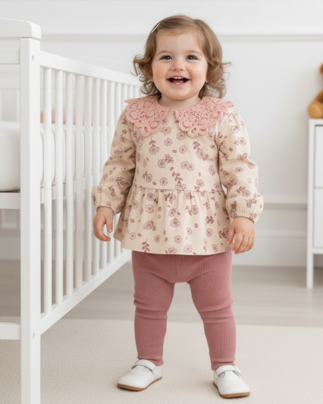 Kız Bebek Özel Tasarım Bebe Dantel Yakalı, % 100 Pamuk Fitilli Taytlı 9-12-18-24 Ay Şık Bebek Takım R2145 - GÜL KURUSU