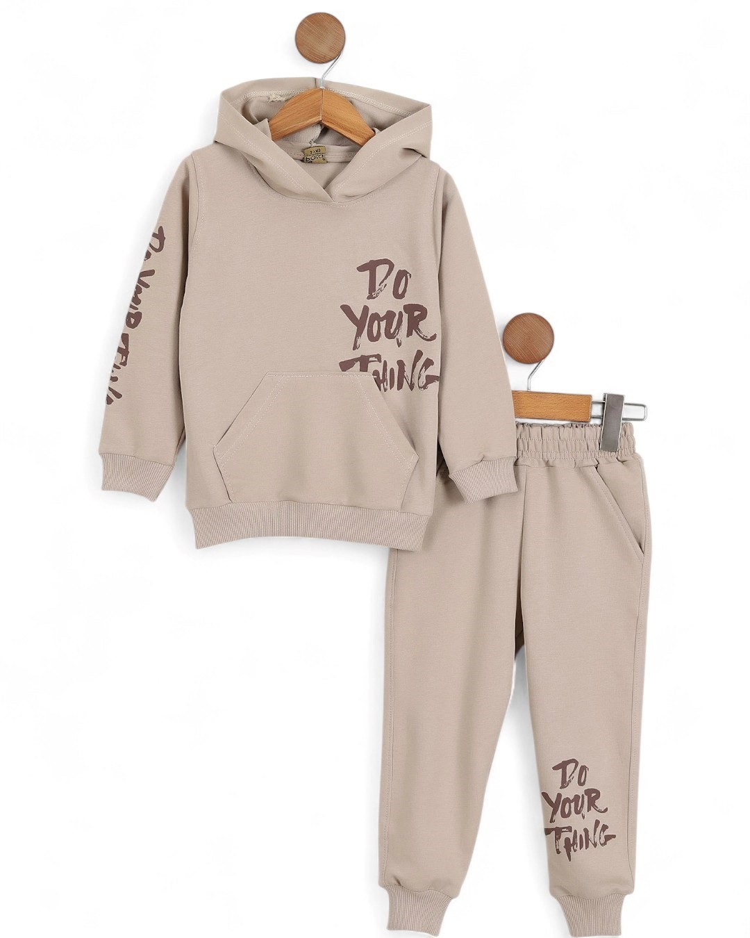 Erkek Çocuk Mevsimlik Kapüşonlu Baskılı Sweatshirt ve Eşofman Altlı 2-10 Yaş Eşofman Takımı R2115 - AÇIK KAHVERENGİ