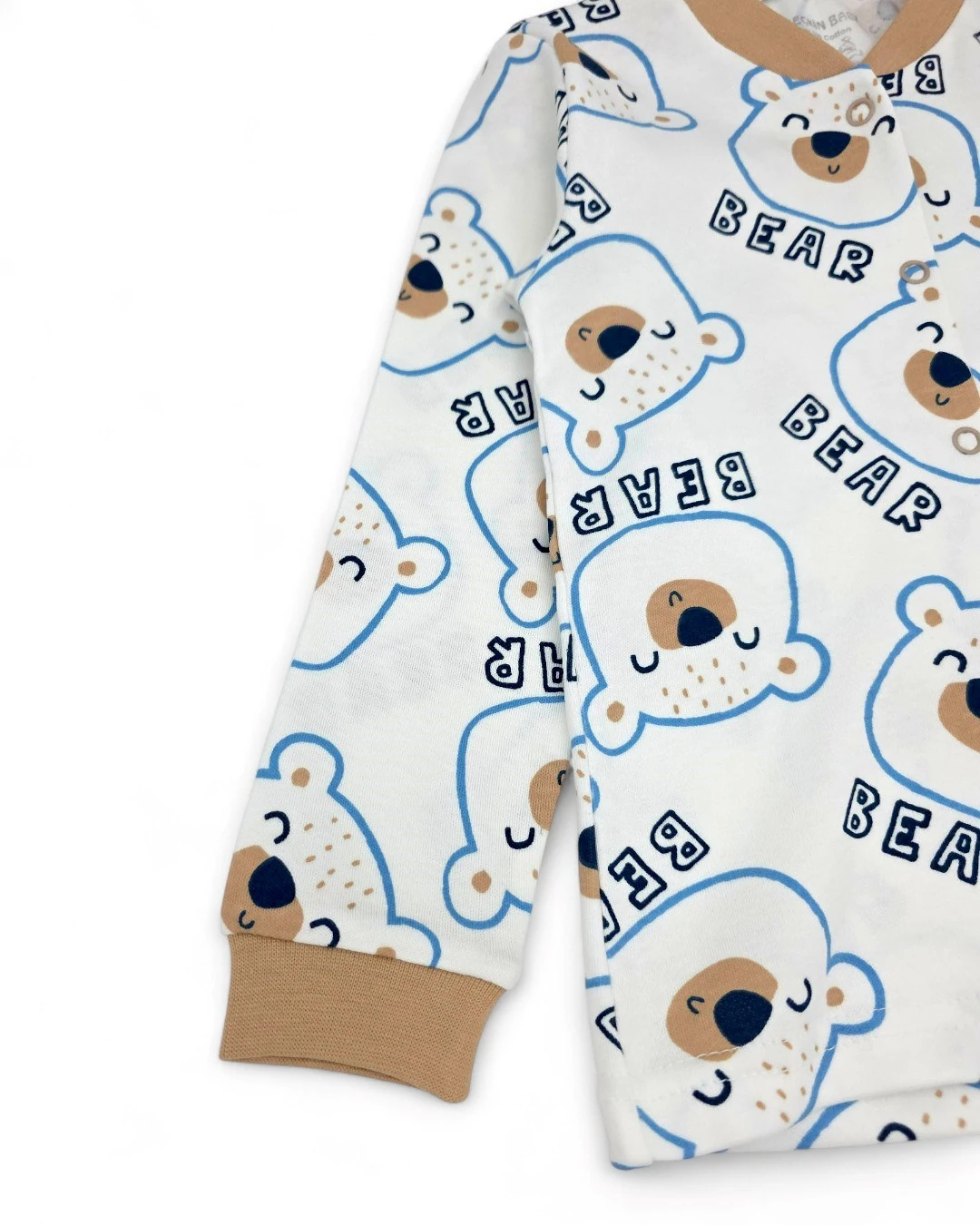 Erkek Bebek Ayıcık Baskılı Mevsimlik %100 Pamuklu Çıtçıtlı Gecelik Pijama Takımı l 6-24 Ay R2252