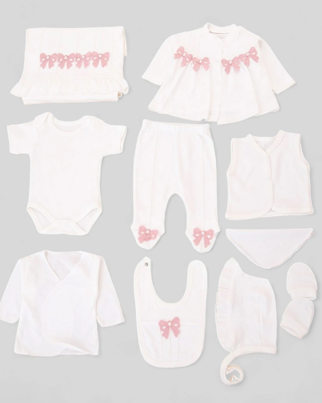 Kız Bebek 10 Parça İnci Detaylı Fiyonklu Hastane Çıkışı Zıbın Takımı R2355 - GÜL KURUSU