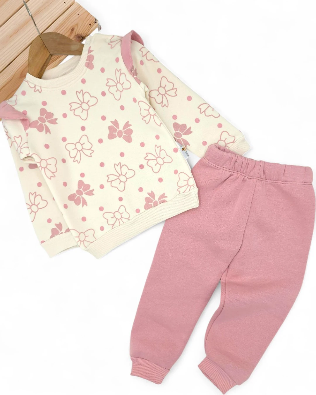 Kız Bebek Fiyon Baskılı Kışlık 3 İp Şardonlu Fırfırlı 6-9-12-18-24 Ay Alt Üst Şık Takım R2310