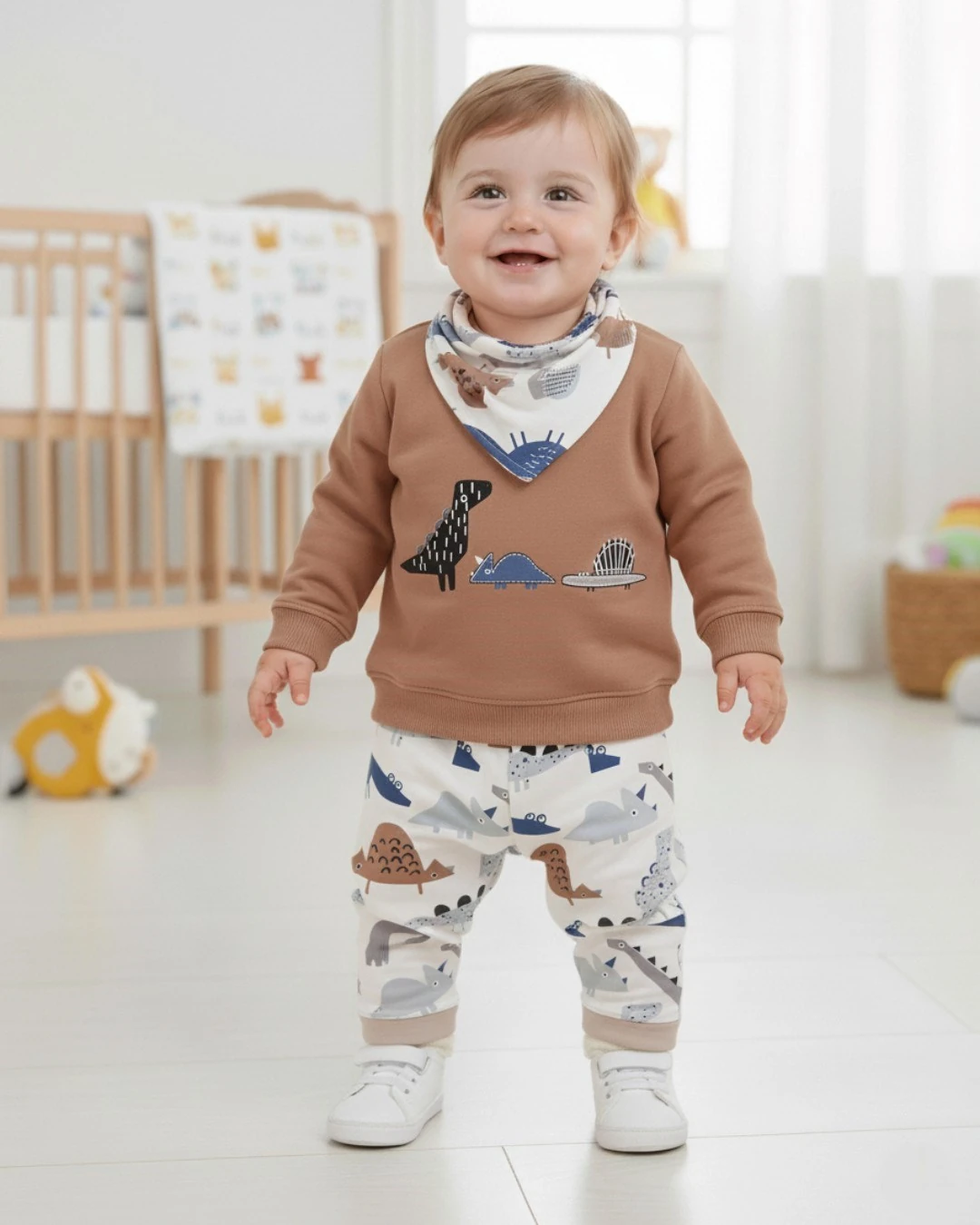 Erkek Bebek Dinozor Baskılı, Fularlı 3 Parça Mevsimlik 3-6-9-12-18 Ay Alt Üst Bebek Takımı R2231