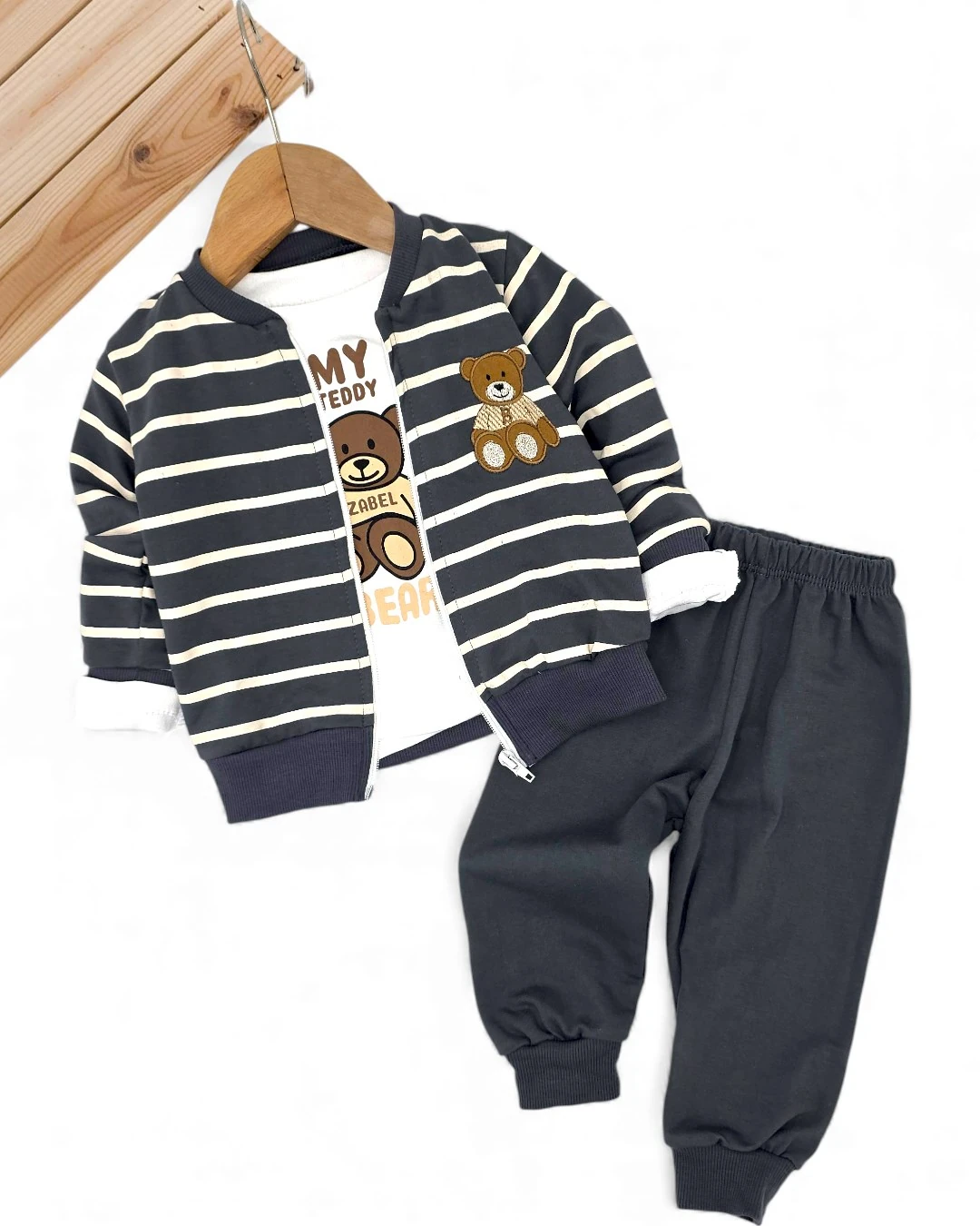 Erkek Bebek Çizgili Ceketli, 3'lü Mevsimlik Şık Alt Üst Takım, 6-9-12-18-24 Aylık 3'lü Bebek Takımı R2395