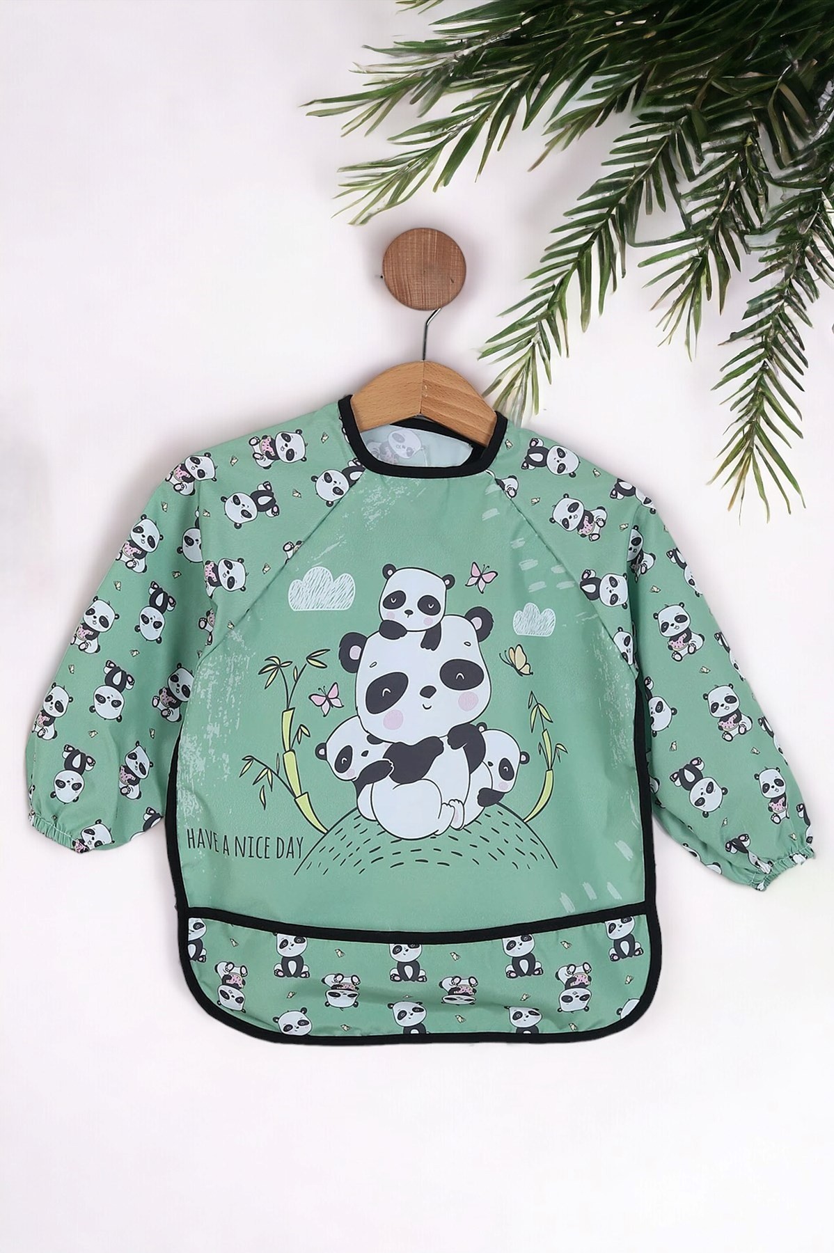 Panda Baskılı Unisex Bebek Uzun Kollu Sıvı Geçirmez Mama Önlüğü MM3