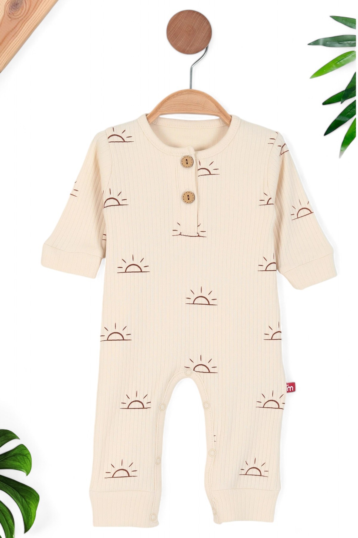 Unisex Güneş Baskılı Mevsimlik Fitilli Çıtçıtlı Ahşap Düğmeli Çıtçıtlı Bebek Tulum 0-3-6-9-12 Ay R616